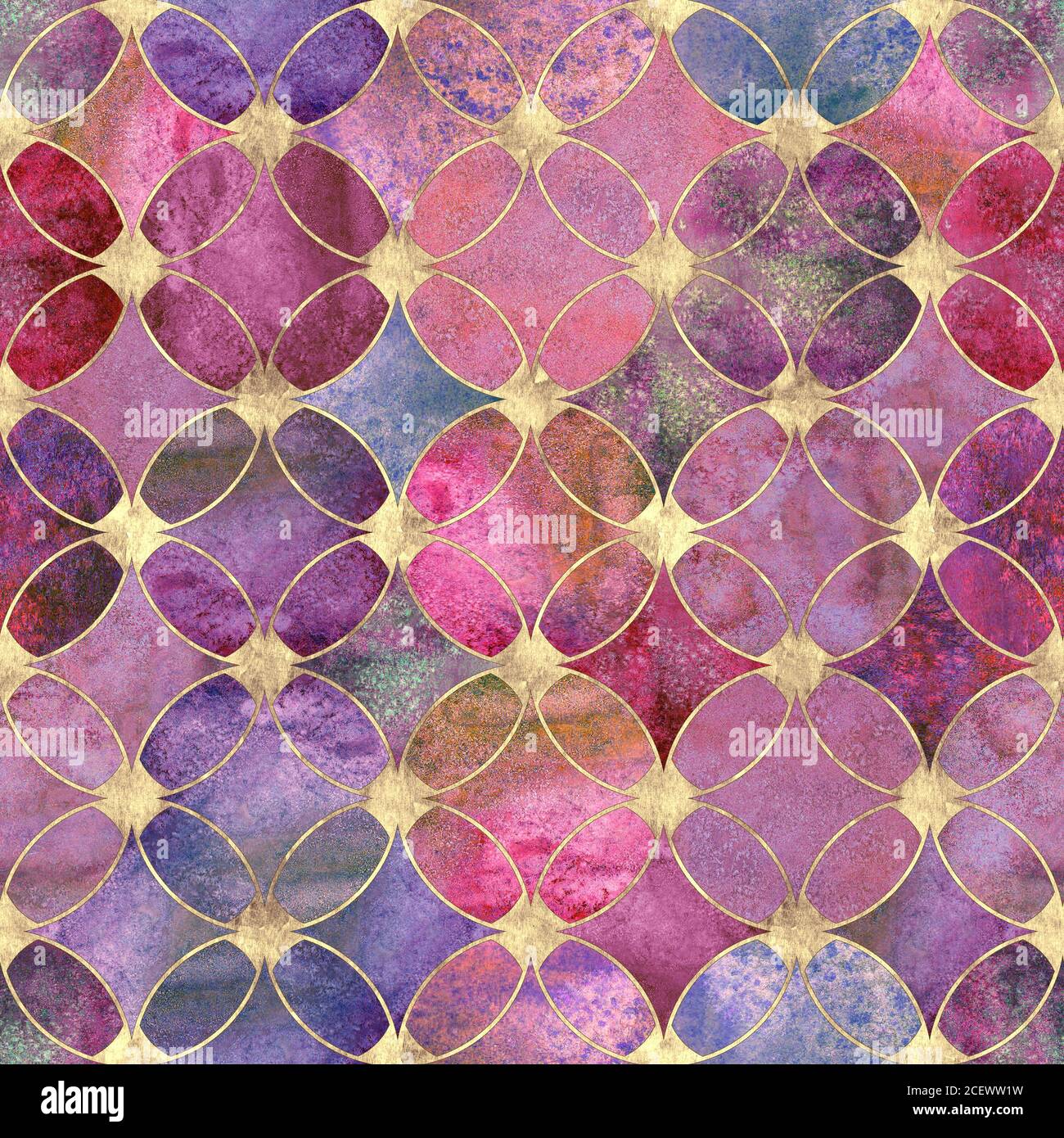 Seamless watercolour colorful gold glitter abstract texture. Watercolor hand drawn grunge background with overlapping circles and golden contour patte Stock Photo