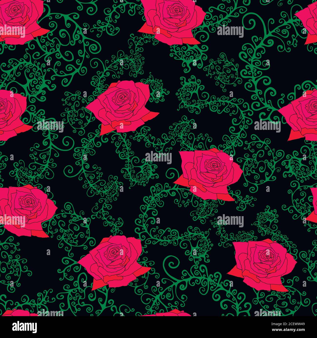 Roses, leaves, branches, seamless pattern. Stock Vector