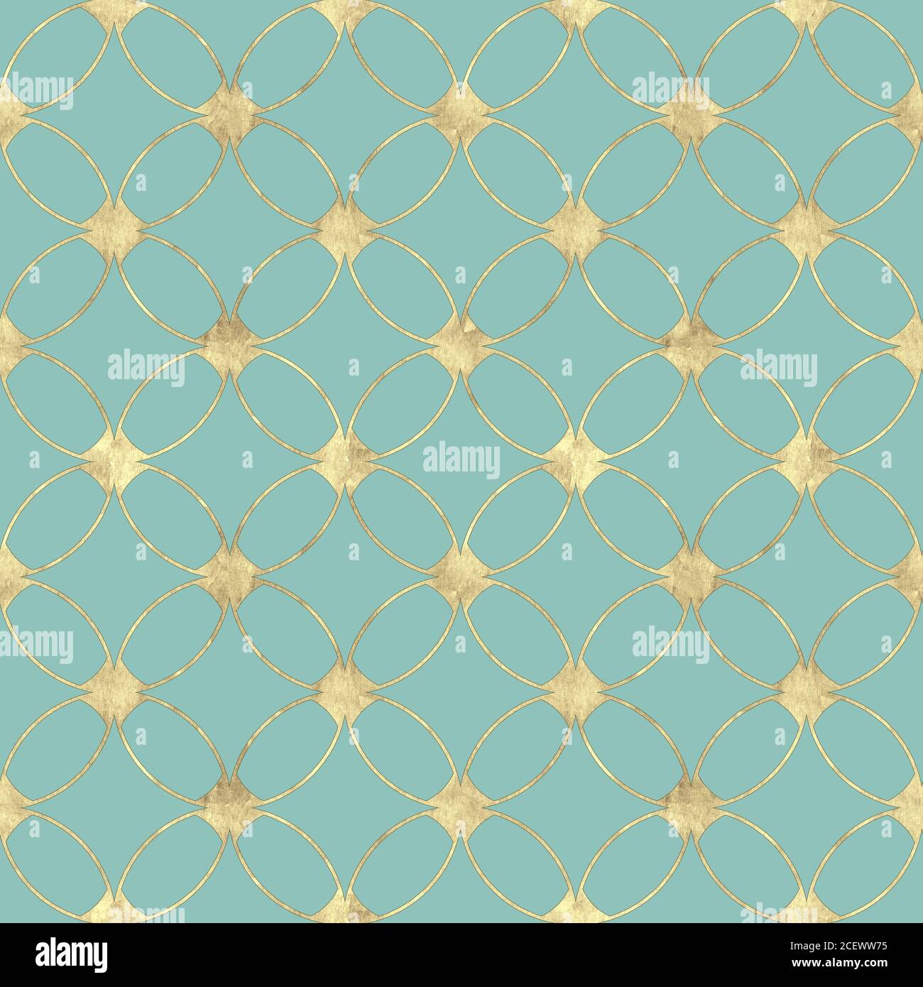 Seamless pastel mint teal turquoise background with abstract vintage gold glitter pattern. Texture with overlapping circles and golden contour line. P Stock Photo