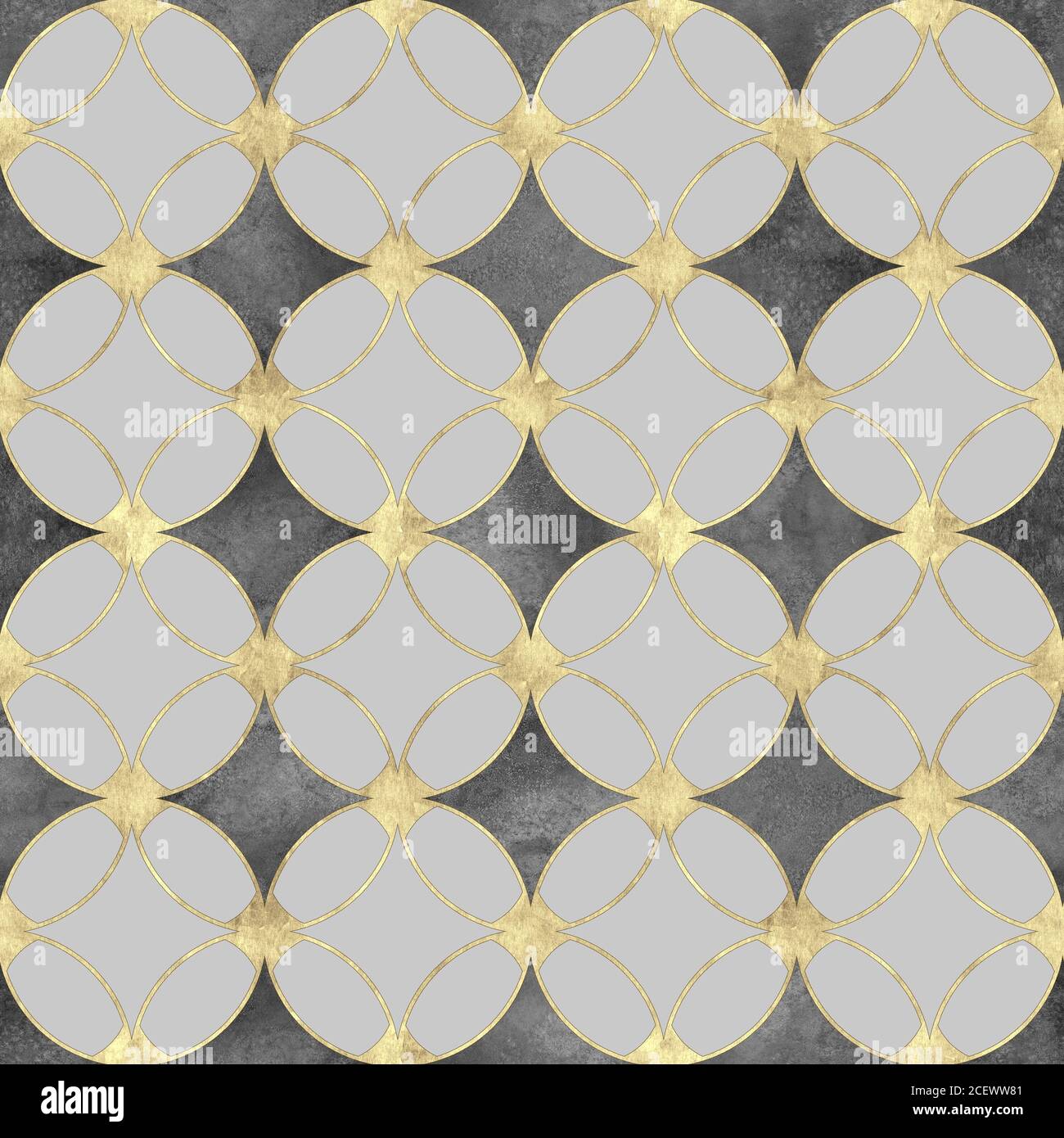 Seamless luxury black and white background with abstract vintage gold glitter pattern. Texture with overlapping circles and golden contour line. Print Stock Photo