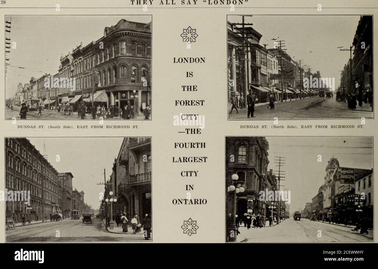 . London, Ontario, Canada : resources and advantages / prepared by the City Clerk.. HOME OF THE Y. M. C. A.. RICHMOND STREET, NORTH FROM YORK ST. DUNDAS ST., EAST FROM CLARENCE ST. THEY ALL SAY LONDON 29 Stock Photo