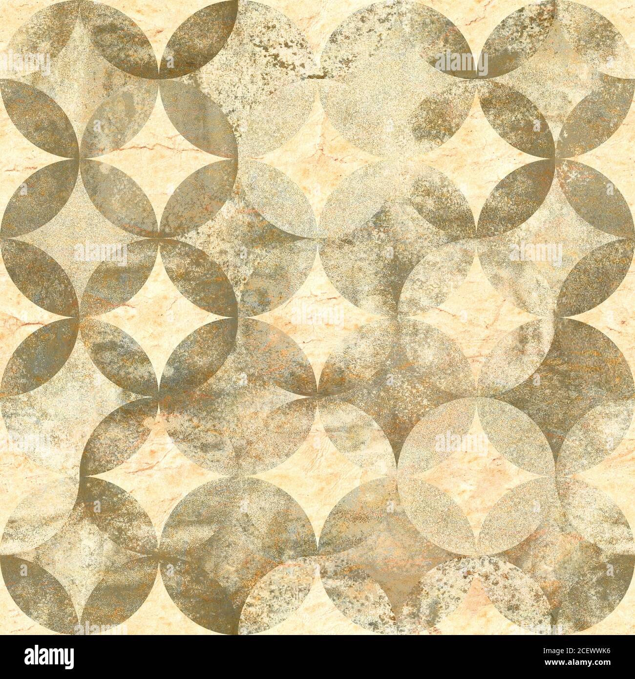 Abstract grunge watercolor background with overlapping circles on old paper. Watercolor hand drawn sepia color seamless pattern. Watercolour round sha Stock Photo