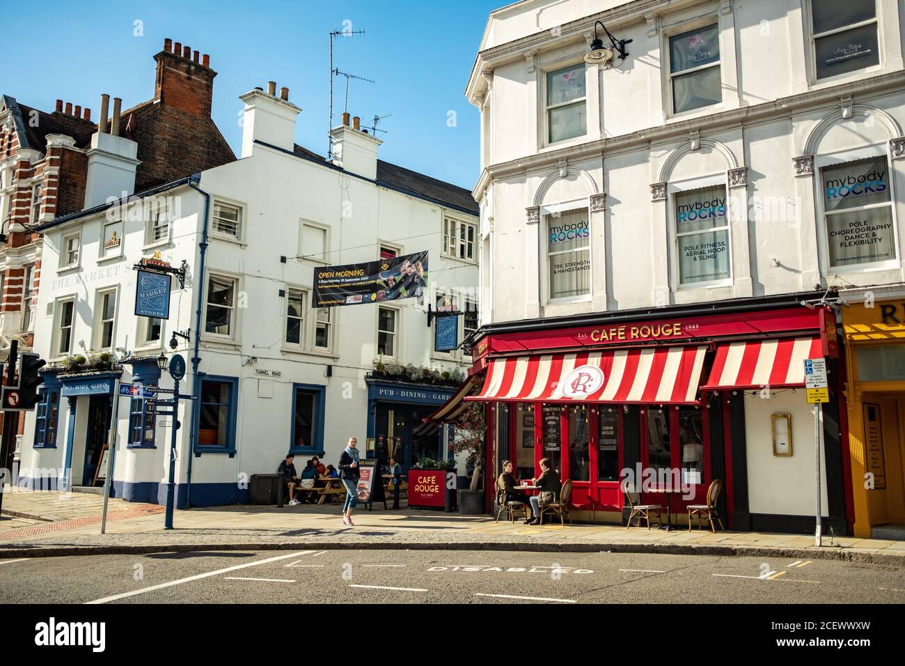 Reigate, Surrey, August 2020: Restaurants on Reigate high street, an attractive market town in Surrey, south east England Stock Photo