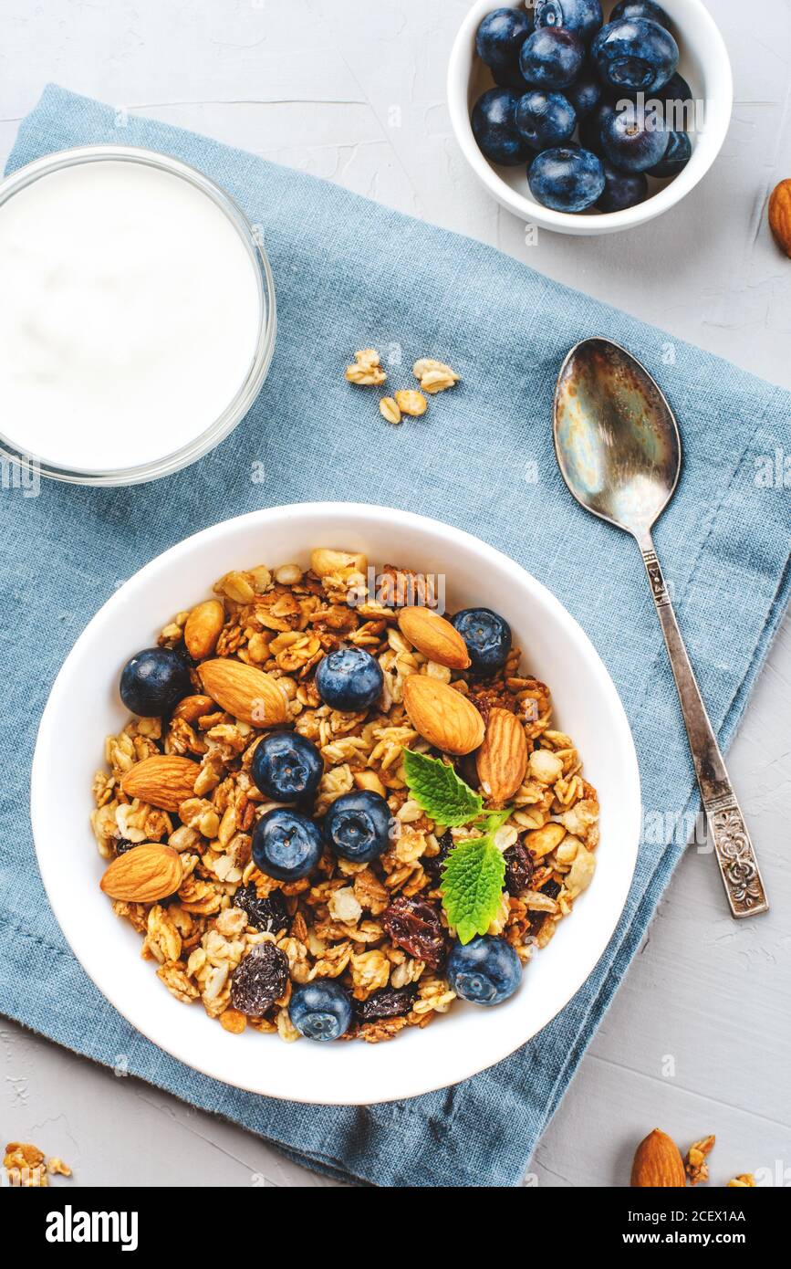 Baked granola with yogurt and blueberries Stock Photo Alamy