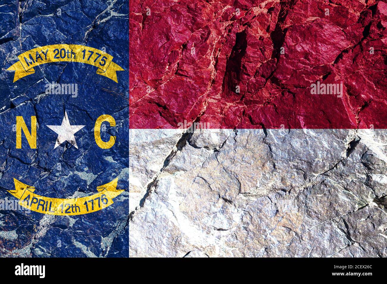North Carolina USA state flag red, blue and white painted on a mountain ...