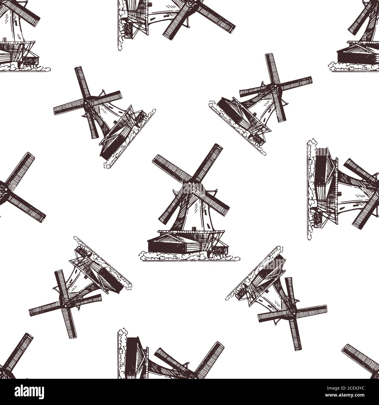 Seamless pattern of hand drawn sketch style windmills isolated on white ...