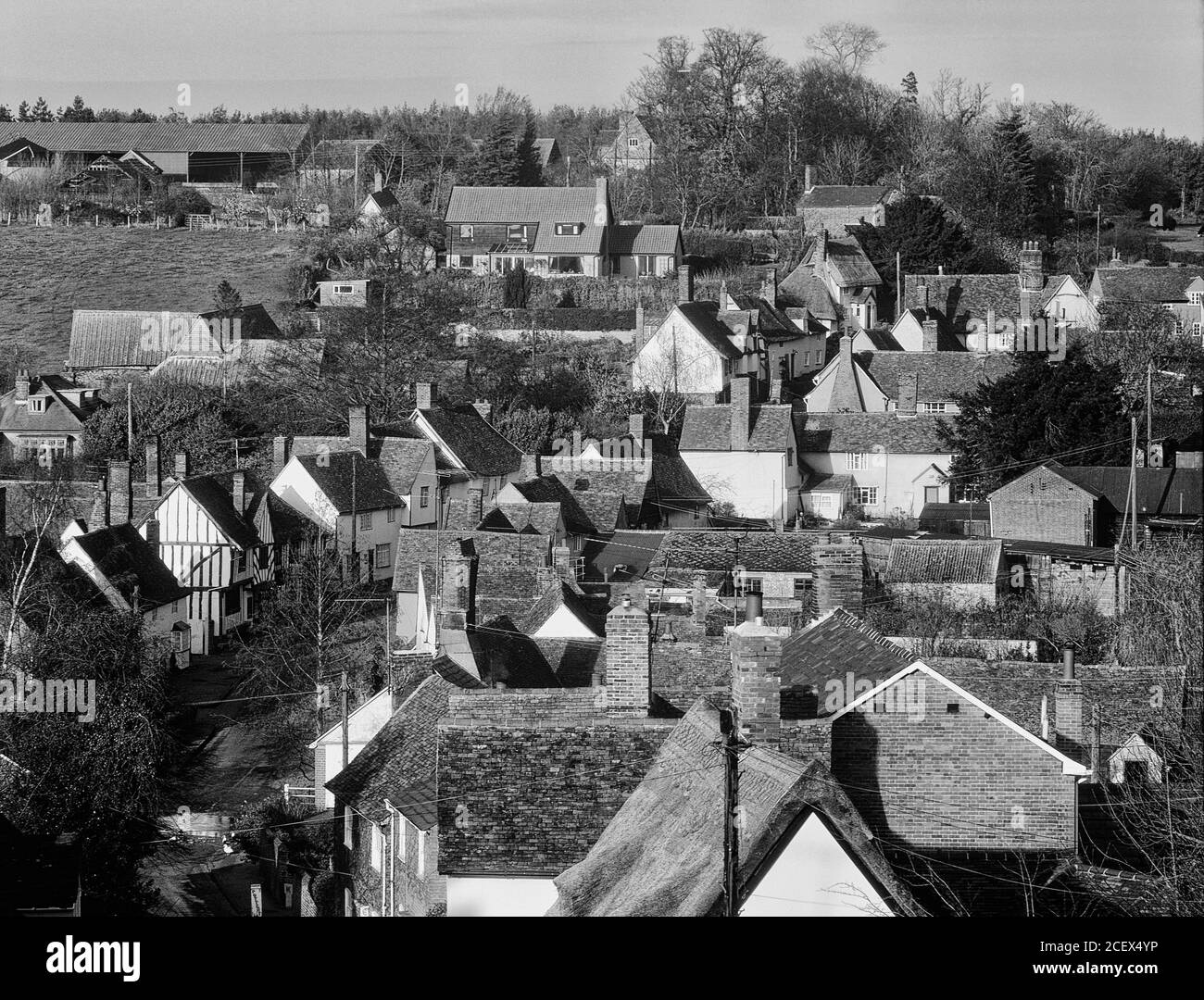 Elevated view of Kersey  from St Marys churchyard, Suffolk, East Anglia, England, UK Stock Photo