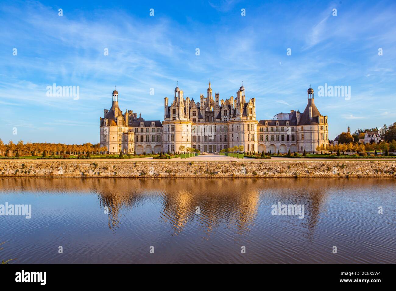 Chateau de Chambord, the royal castle in Loire Valley, France, at sunset. Stock Photo