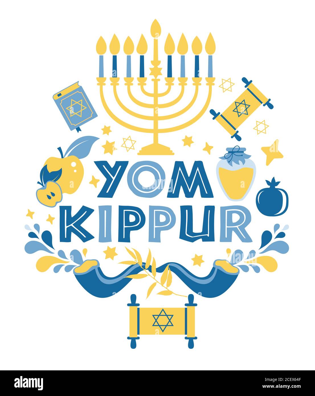 Yom Kippur greeting card with candles, apples and shofar and sybols. Jewish  holiday background. Vector illustration on white Stock Vector Image & Art -  Alamy