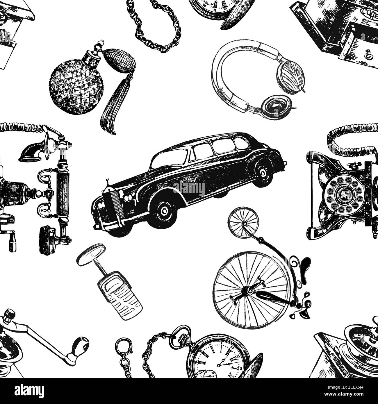 Seamless pattern of hand drawn sketch style different vintage objects isolated on white background. Vector illustration. Stock Vector