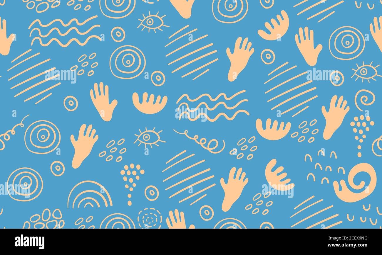 Abstract seamless pattern with simple hand drawn shapes on blue ...