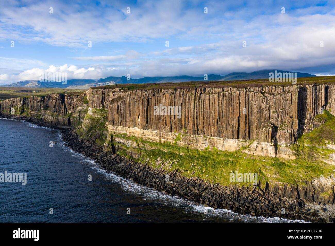 Aerial view of sea cliffs called Kilt Rock at Staffin on Trotternish ...