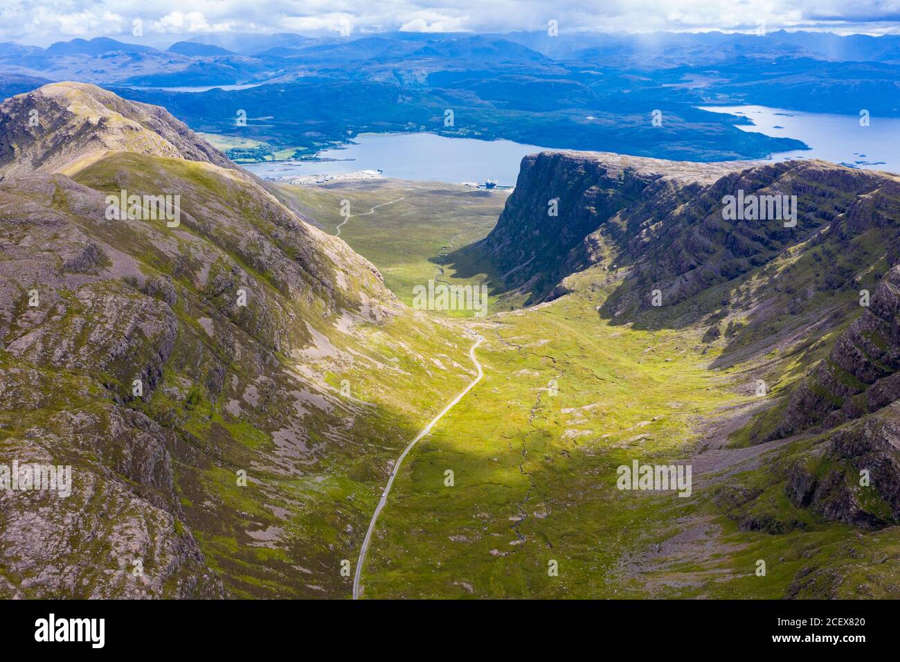 Aerial view of Bealach na Ba pass on Applecross Peninsula on North Coast 500 route in Wester Ross, Scotland, UK Stock Photo