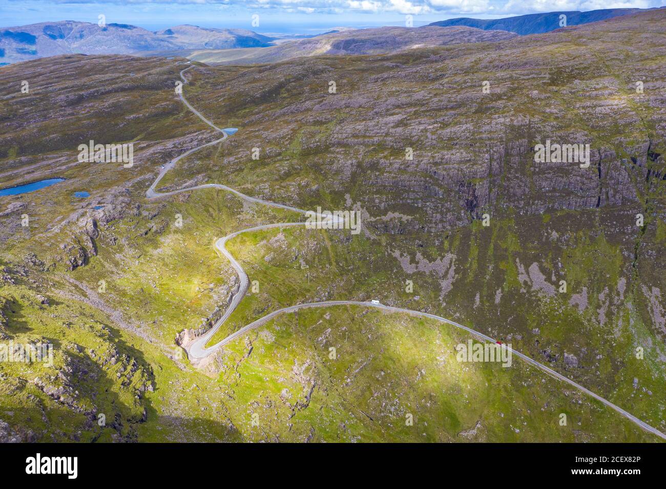 Aerial view of Bealach na Ba pass on Applecross Peninsula in Wester Ross, Scotland, UK Stock Photo