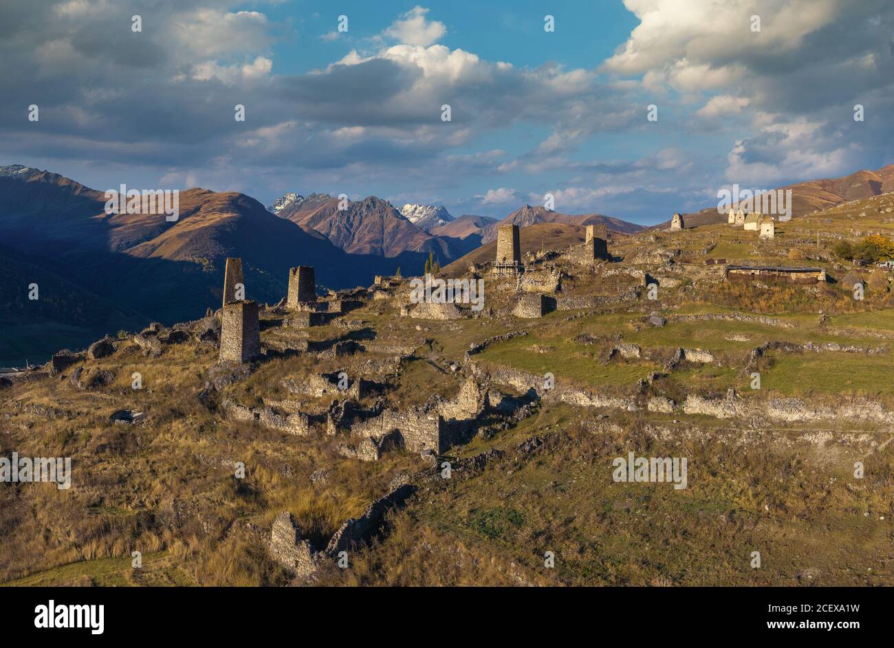 Mountain landscape and medieval architecture of North Ossetia. Shot on a drone. Stock Photo