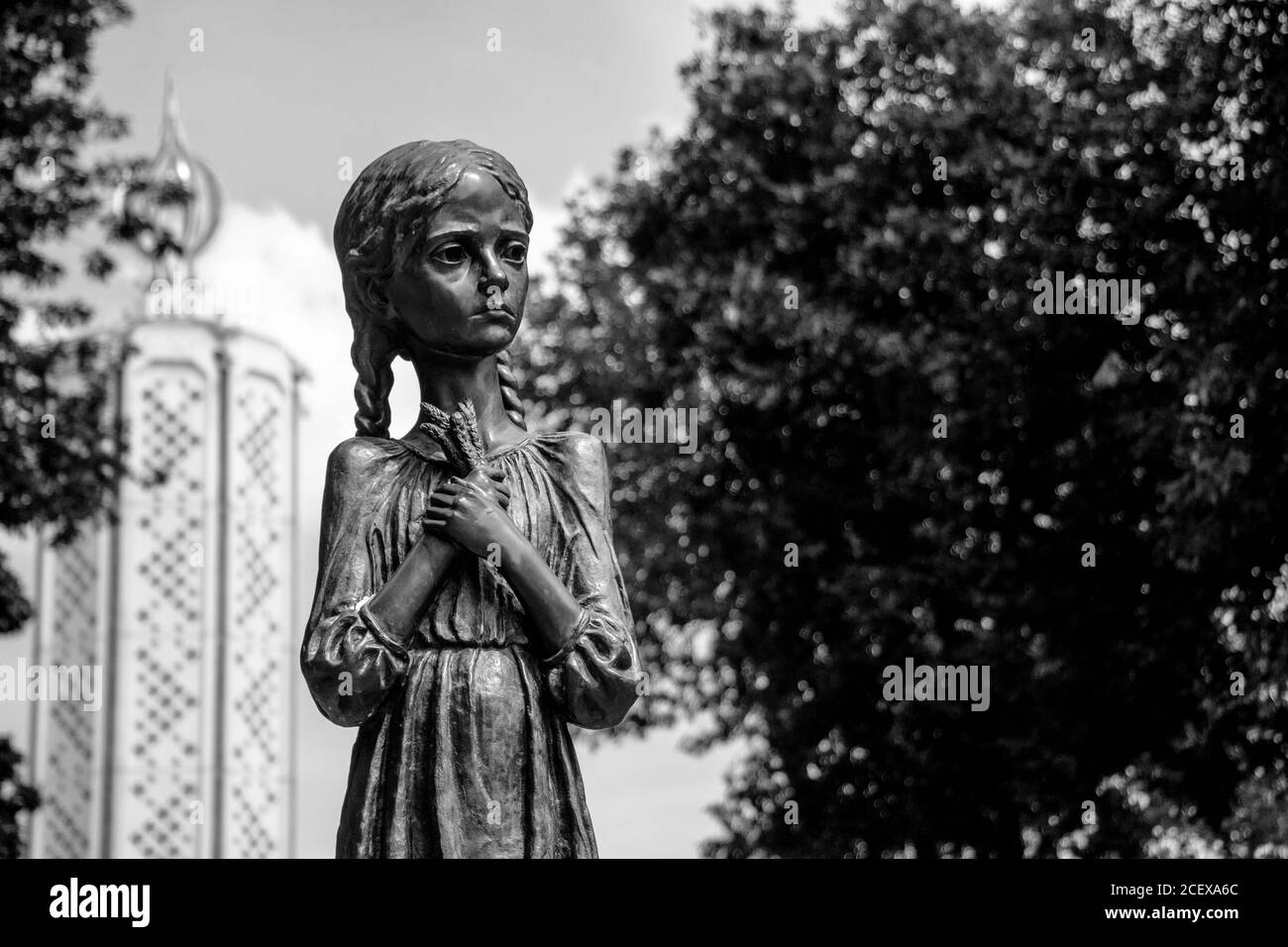 A black and white picture of one of the memorials of the Holodomor Genocide, in Kiev. Stock Photo