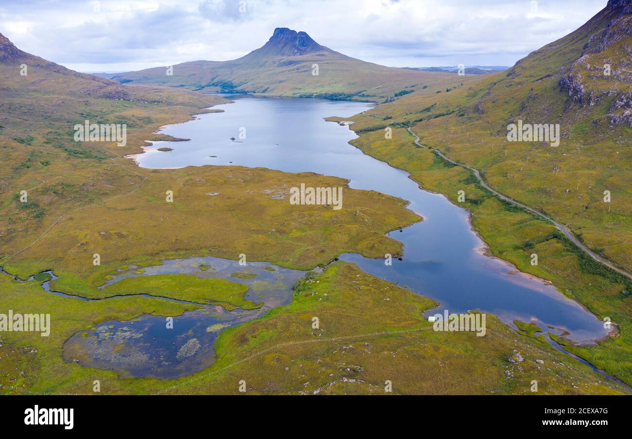 View towards Stac Pollaidh mountain from Loch Lurgainn in Inverpolly region of Sutherland , north west Scotland UK Stock Photo
