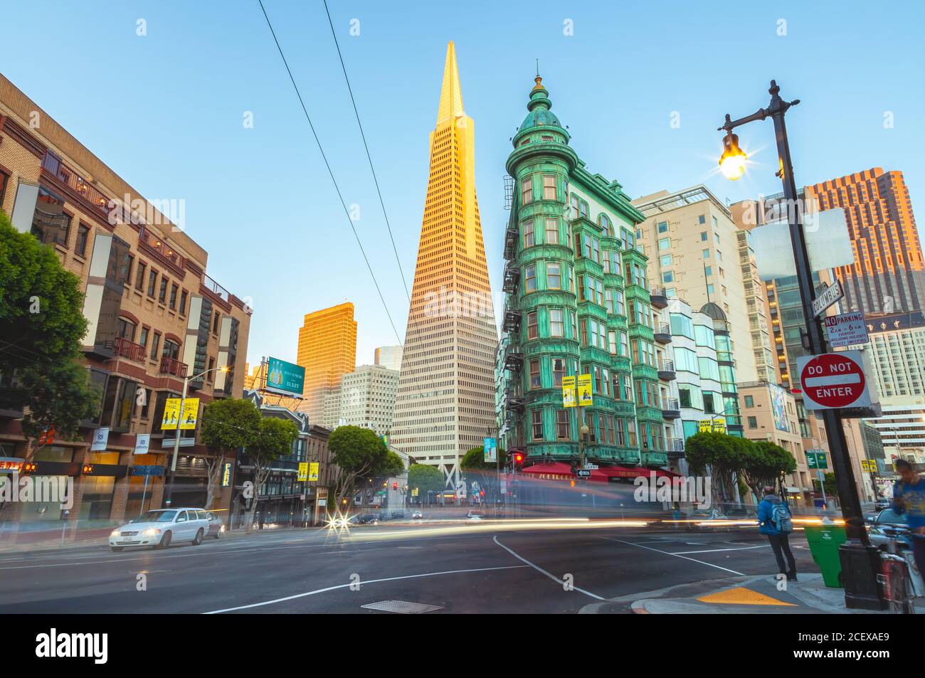 View of the iconic TranAmerica Pyramid from the Columbus Street at North Beach, San Francisco, California, USA. Stock Photo