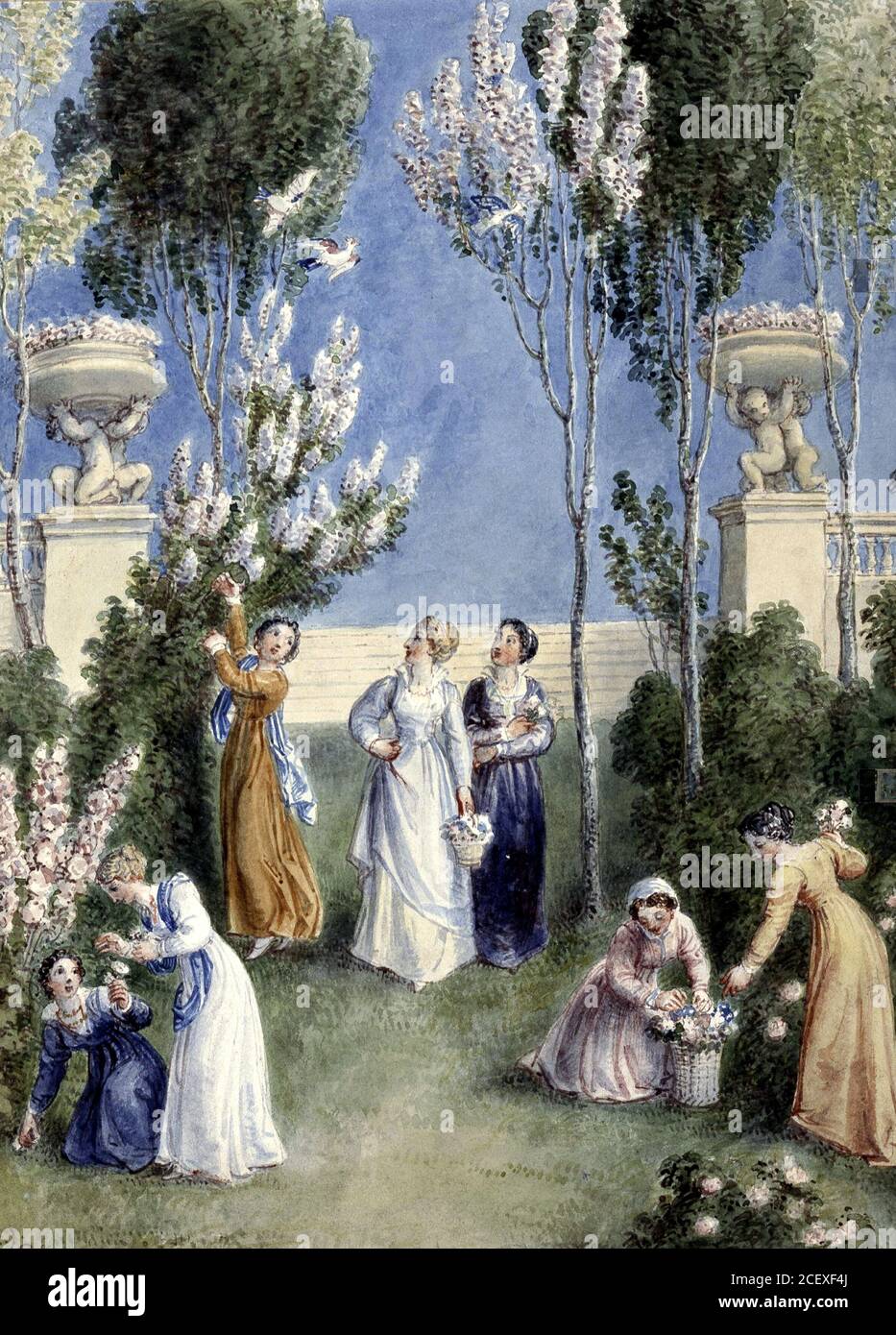 Decameron. Early 19th century illustration to Boccacicio's Decameron entitled 'The Enchanted Garden', a scene from the conclusion of the Eighth Day, by Thomas Stothard Stock Photo