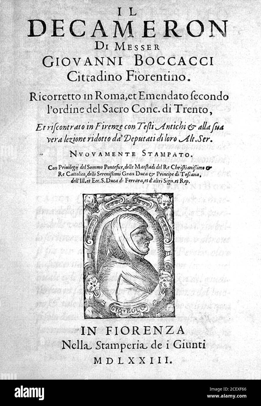 Decameron. Title page of a 1573 edition of The Decameron by Giovanni Boccacci. Stock Photo