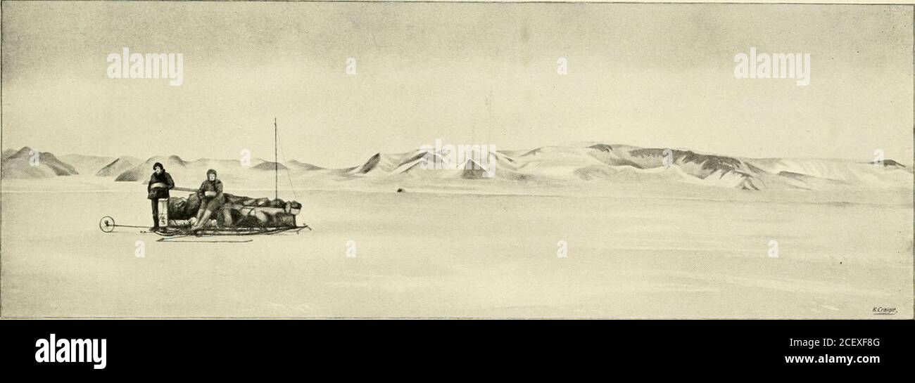 . British Antarctic expedition, 1907-9, under the command of E.H. Shackleton : reports on the scientific investigations ; geology. Depot Island ,-g:&gt;..,».^v—g^ Sea lee Fig. .35. VIEW OF COAST NEAR DEPOT ISLAND Taken from point 2 miles 300 3-aids to the south of the island dark grey bands rich in biotite, and with light veins of coarse pegmatite andporphyritic crystals of felspar. The cape is intersected by two sets of dykes, oneset of a hornblendic-lamprophyre type, the other yet to be determined. The general appearance of this gneiss is shown on Fig. 36. At a small rocky point about 5 mile Stock Photo