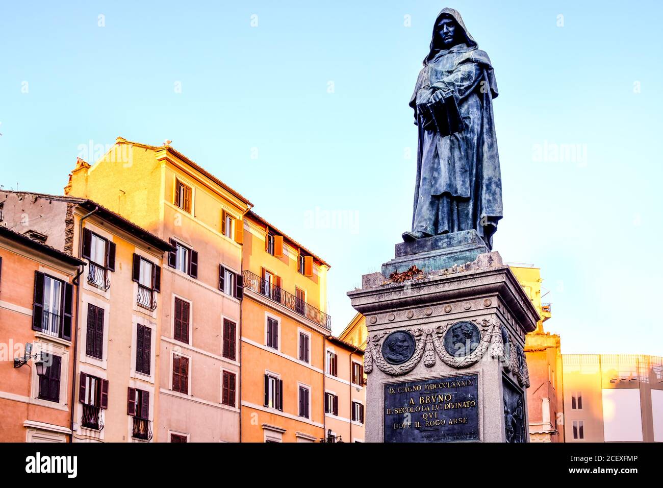 Monument to Giordano Bruno at Campo dei Fiori in central Rome at sunset Stock Photo