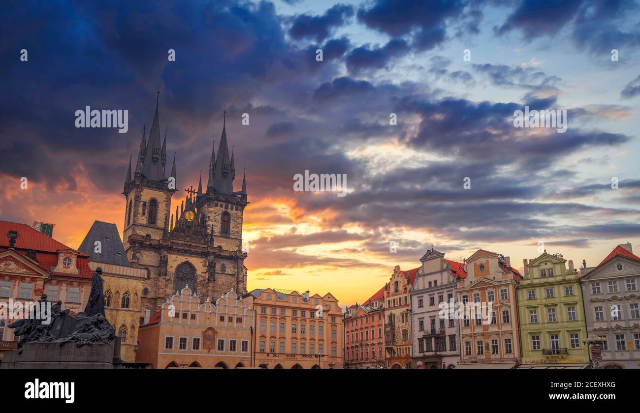 Prague Old town square, Tyn Cathedral. under sunlight. Stock Photo