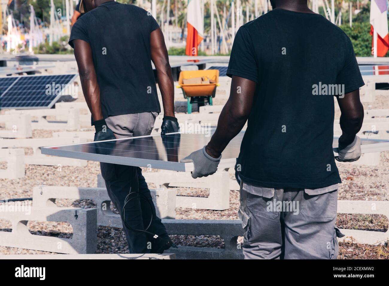 Back view of crop African American workers walking with solar panel on sunny day in industrial area Stock Photo