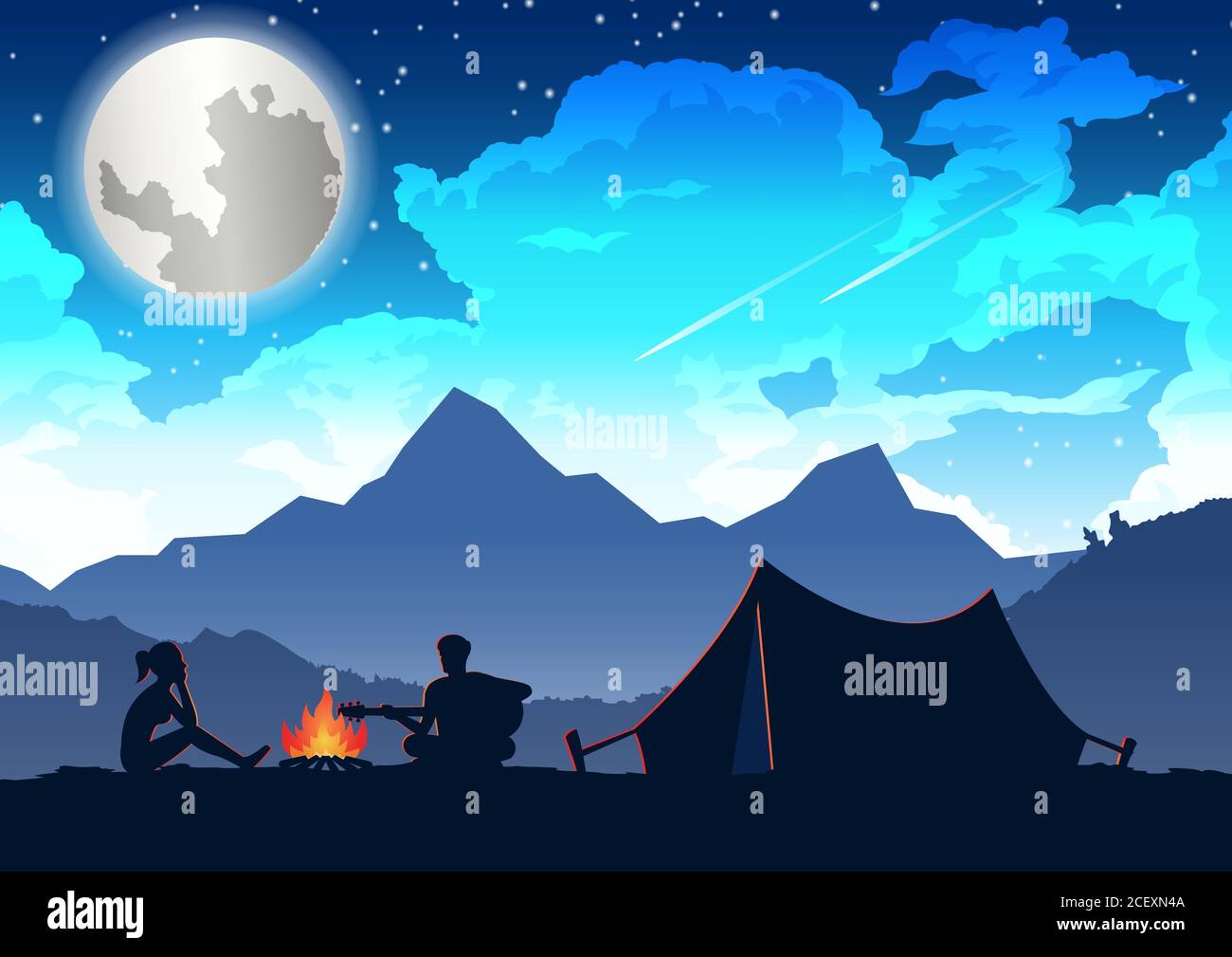 man is playing guitar and woman is listening at their camping trip,vector illustration Stock Vector