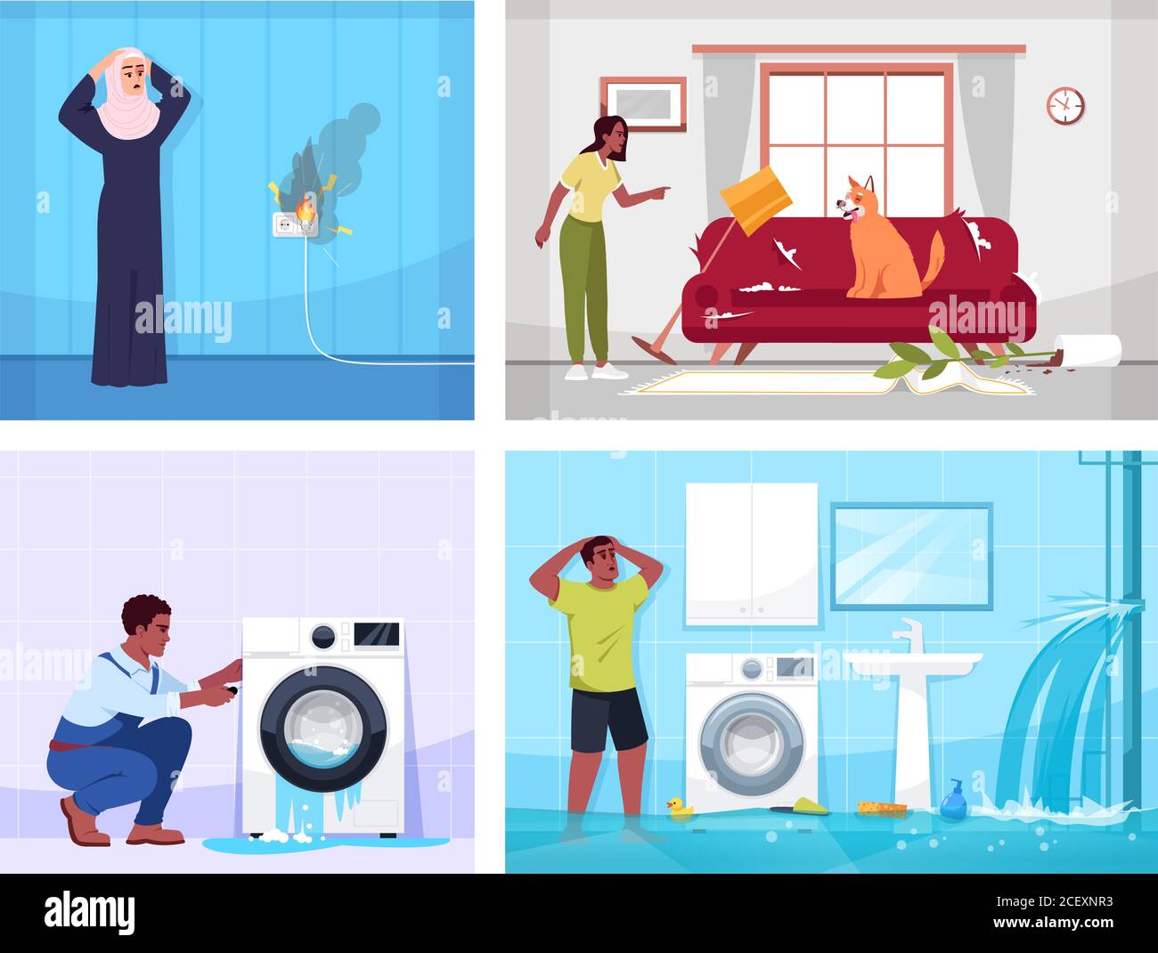 Household incidents semi flat vector illustration set Stock Vector