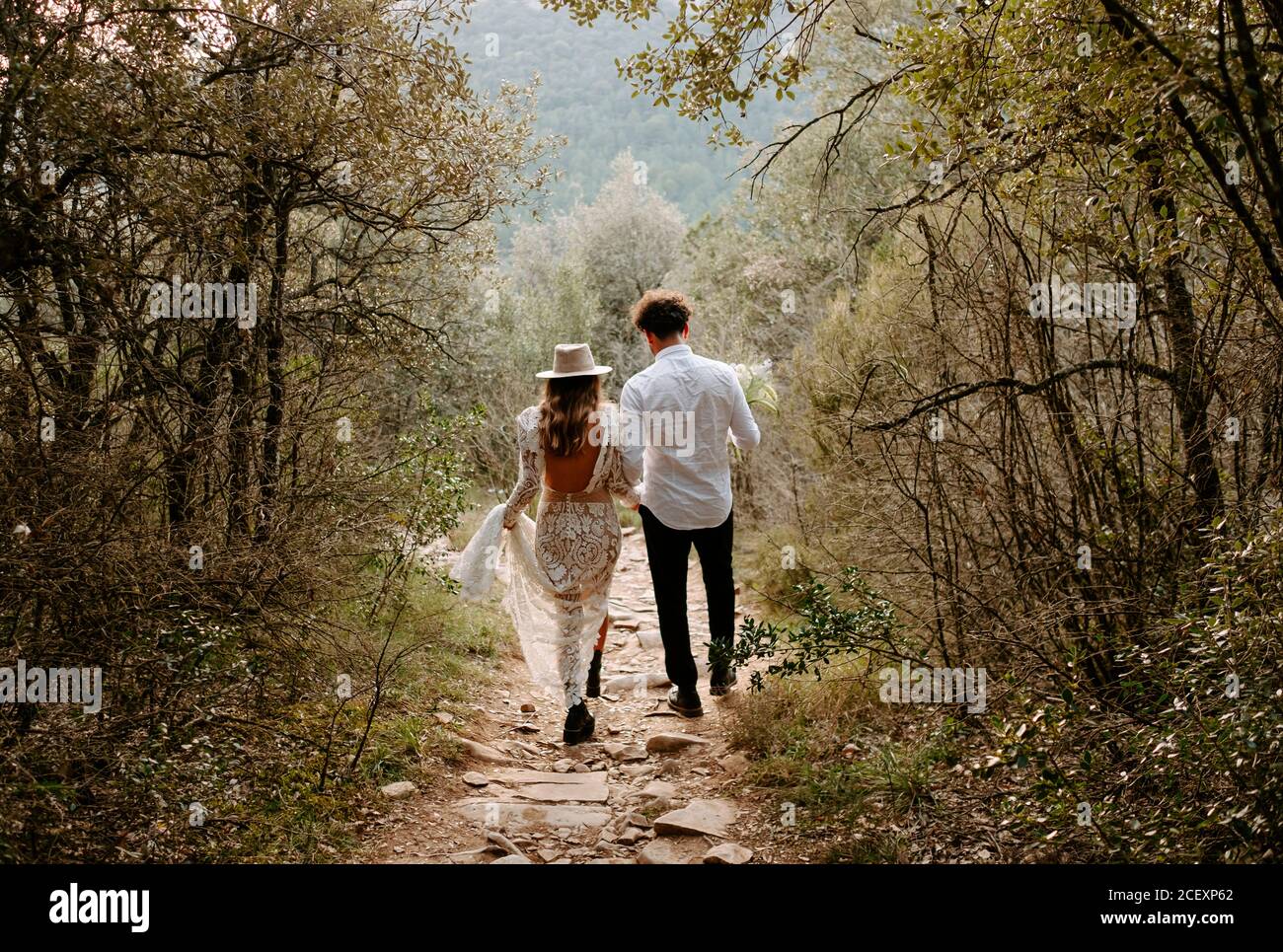 Back view of unrecognizable young bride and groom in stylish wedding ...