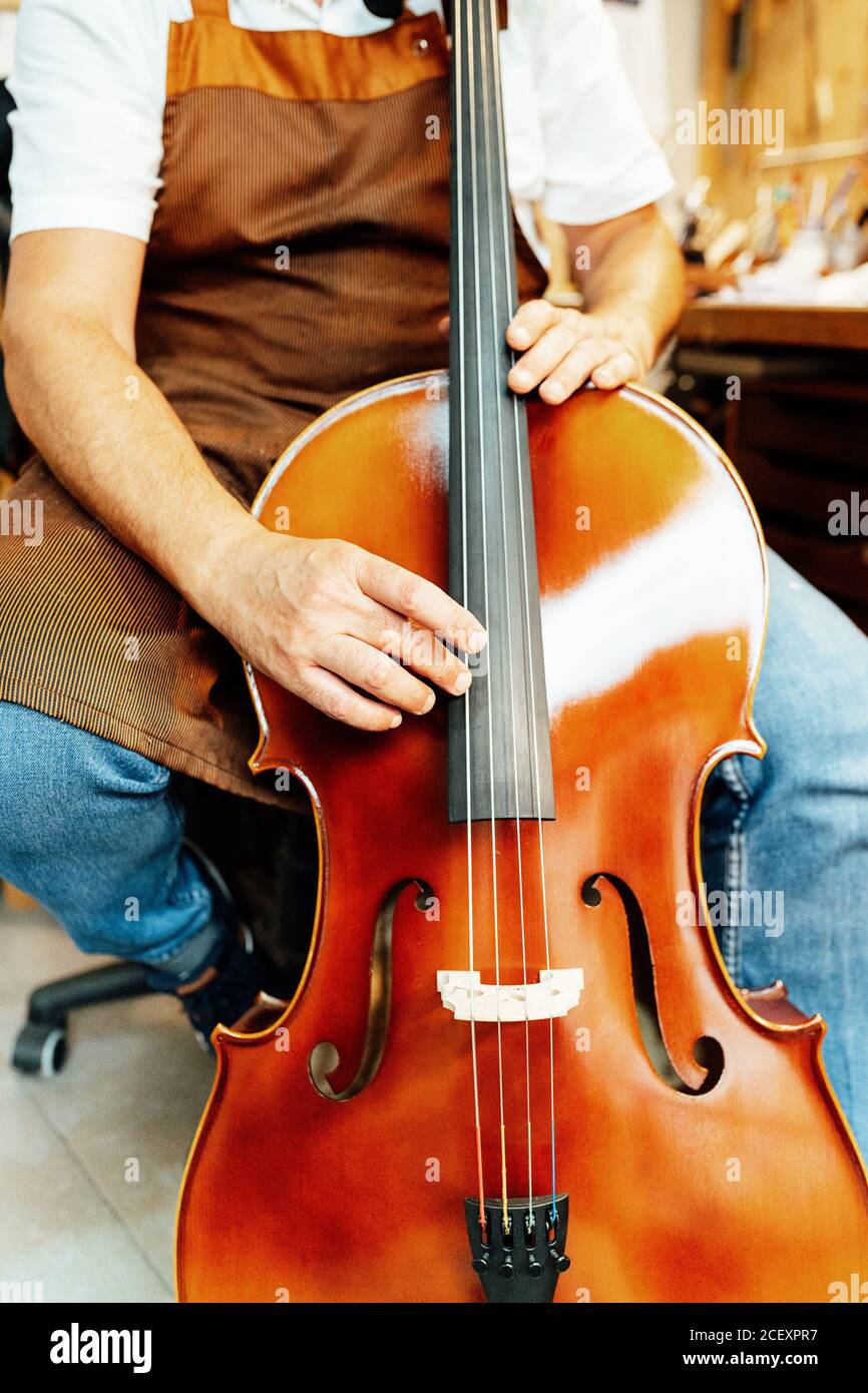 Crop unrecognizable professional senior artisan luthier checking string instrument while working in workshop Stock Photo