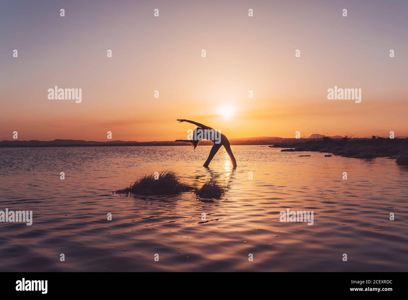 Full length back view of unrecognizable focused female in activewear practicing Parivrtta Trikonasana twisted yoga pose while standing in water of peaceful lake against sundown sky Stock Photo