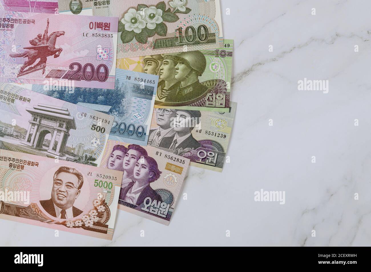 Various Banknotes Of North Korean Won KPW Currency Bill Stock Photo various-banknotes-of-north-korean-won-kpw-currency-bill-stock-photo