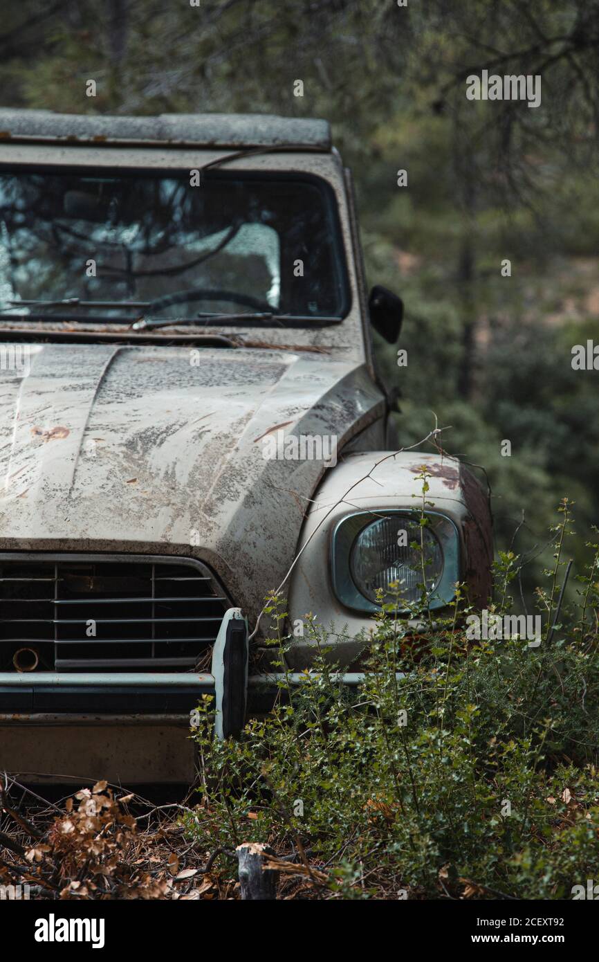 White rusty old fashioned car with broken windows located in green forest Stock Photo