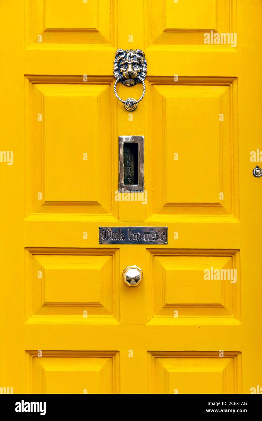 A bright yellow door with a lion knocker and letterbox, Baldock, UK Stock Photo