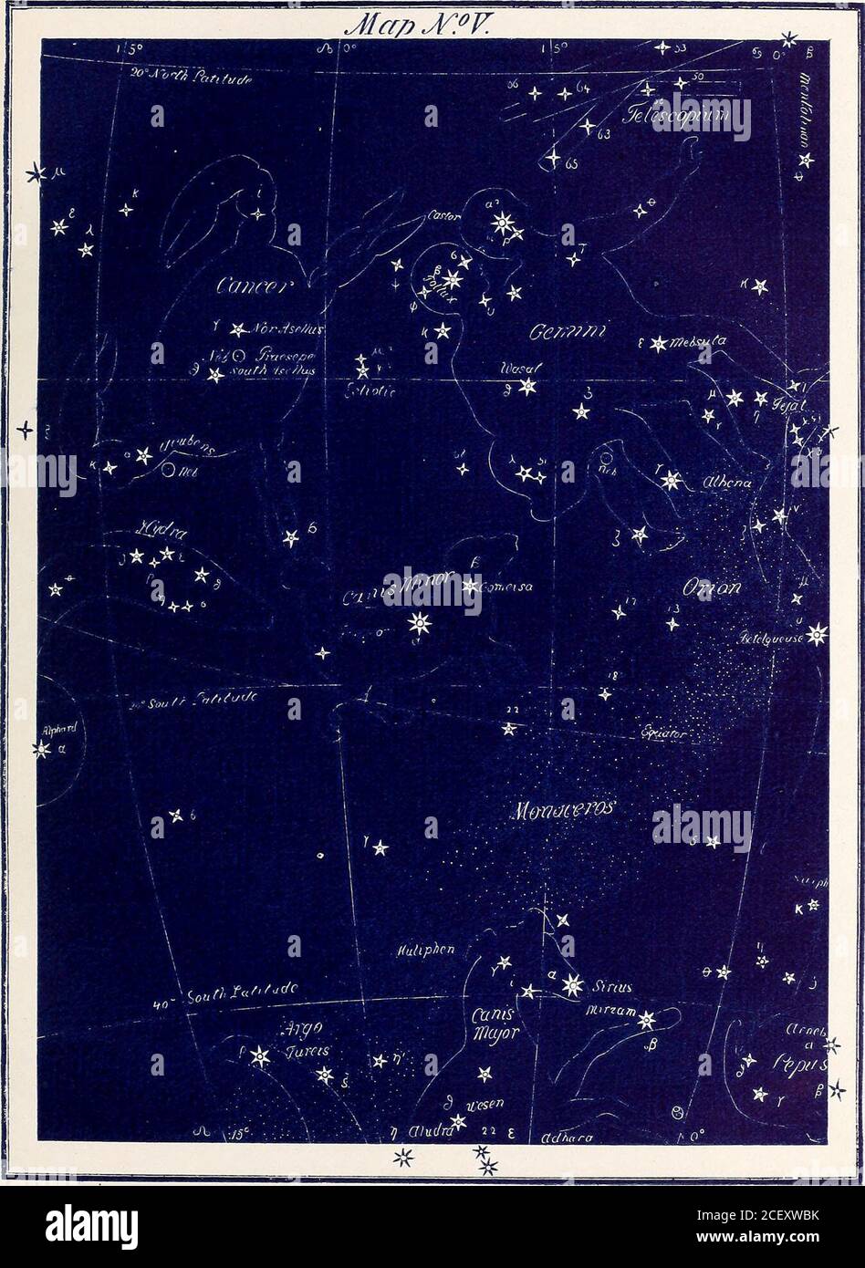 . Astronomy without a telescope:. ° East of Sirius, all three on a line withAlphard. A line from the belt of Orion, through,?, and produced 14° farther, will pass through Ad-hara — e — of the 2nd magnitude; 16° from Sirius,in a line with Betelgueuse, and 5^ East of e is y —Aludra — of the 2nd magnitude; 5° above ijtowards /5, is Wesen — 8— forming a triangle withr/ and e. No. 22 is just above s towards 8. a, /?, f,and 7], form a figure nearly approaching to a longparallelogram. Sirius is familiarly known as TheDog Star. 80. Lepus — The Hare. This constellation liesdirectly South of Orion, and Stock Photo