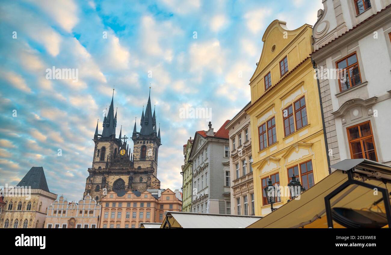 Prague Old town square, Tyn Cathedral. under sunlight. Stock Photo