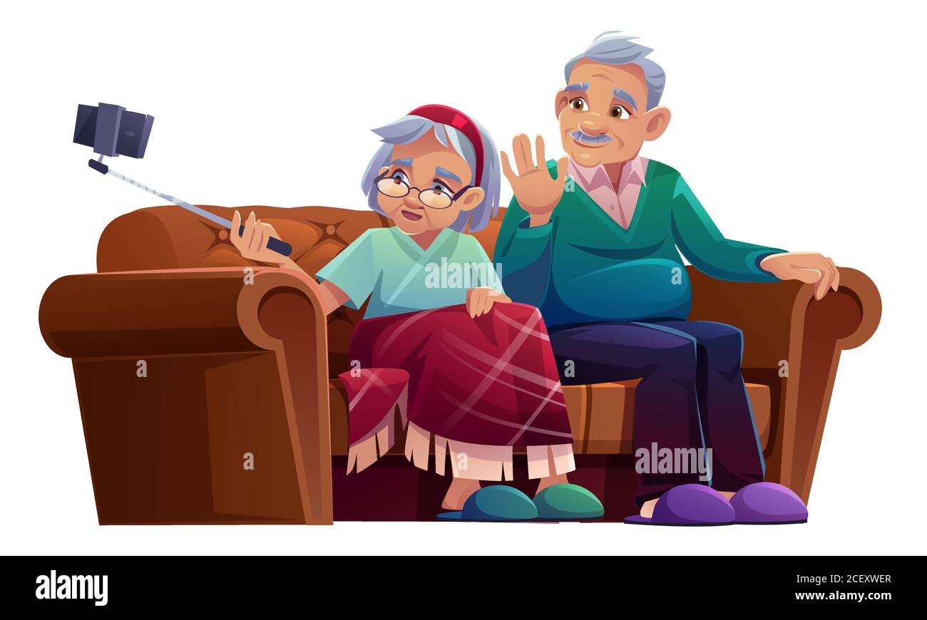 Old man and woman take selfie on smartphone with monopod. Vector cartoon illustration of elderly couple seat on sofa and making photo together on mobile phone with selfie stick Stock Vector