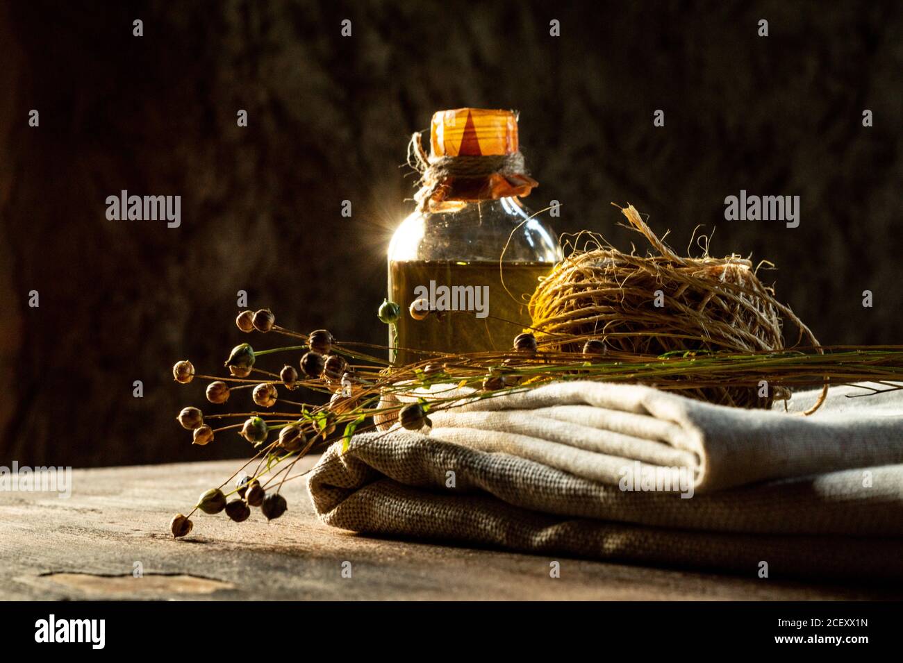 Flax products. Linseed oil, linen cloth, rope, and dry flax plants