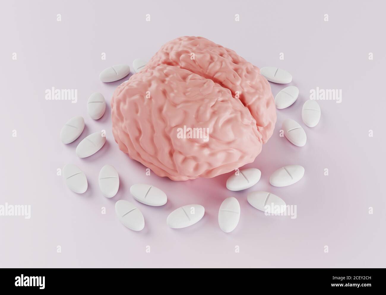 human brain surrounded by pills on light background, nootropic for the