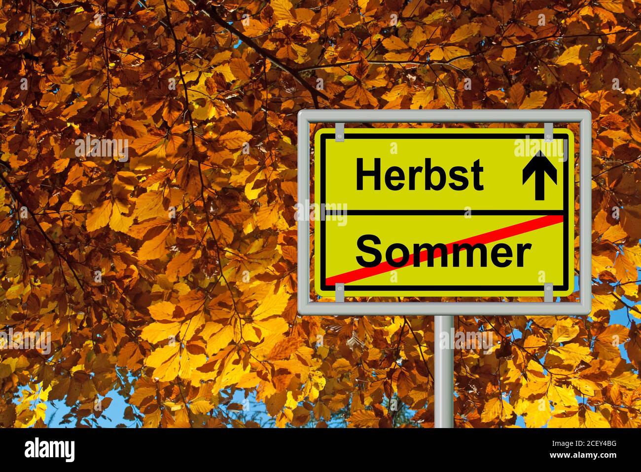 Road sign, end of summer and beginning of autumn, sommer, herbst Stock Photo
