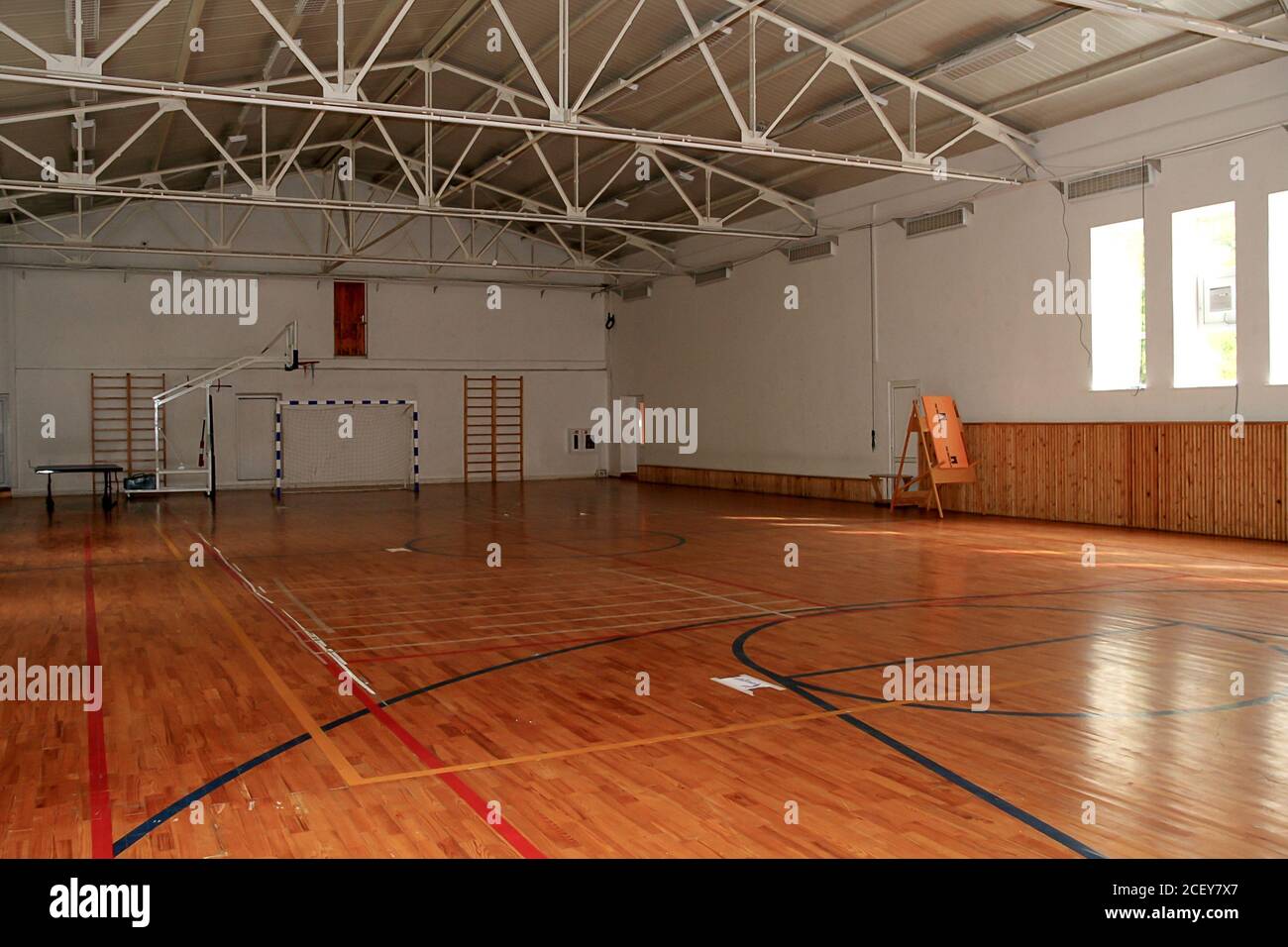 Interior of a sport hall for soccer or handball, corner of futsal court