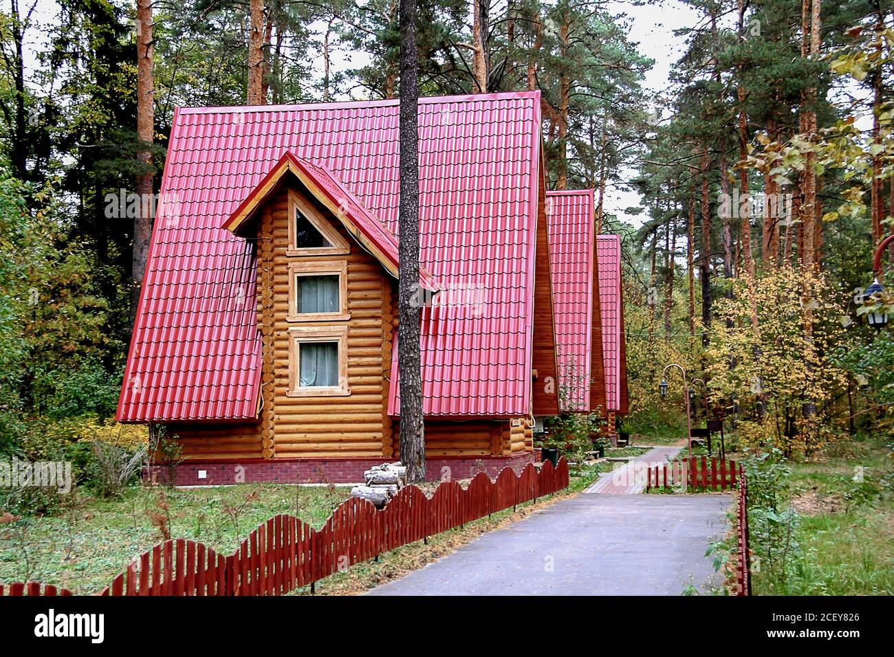Modern log house in a forest environment, wooden vacation home Stock