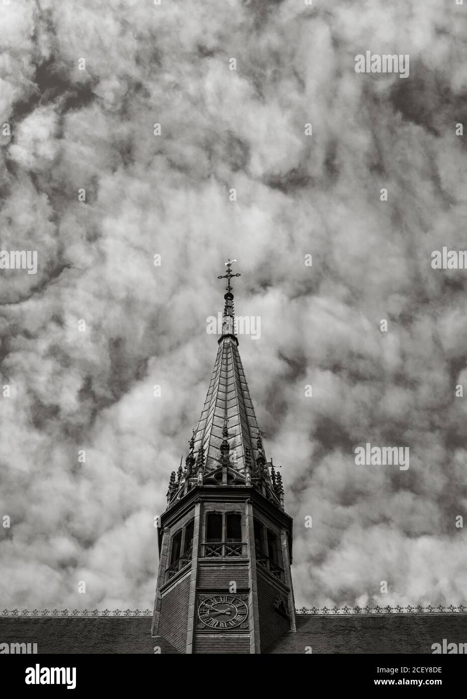 Roof details of the Hospices de Beaune, France. Black and white image Stock Photo
