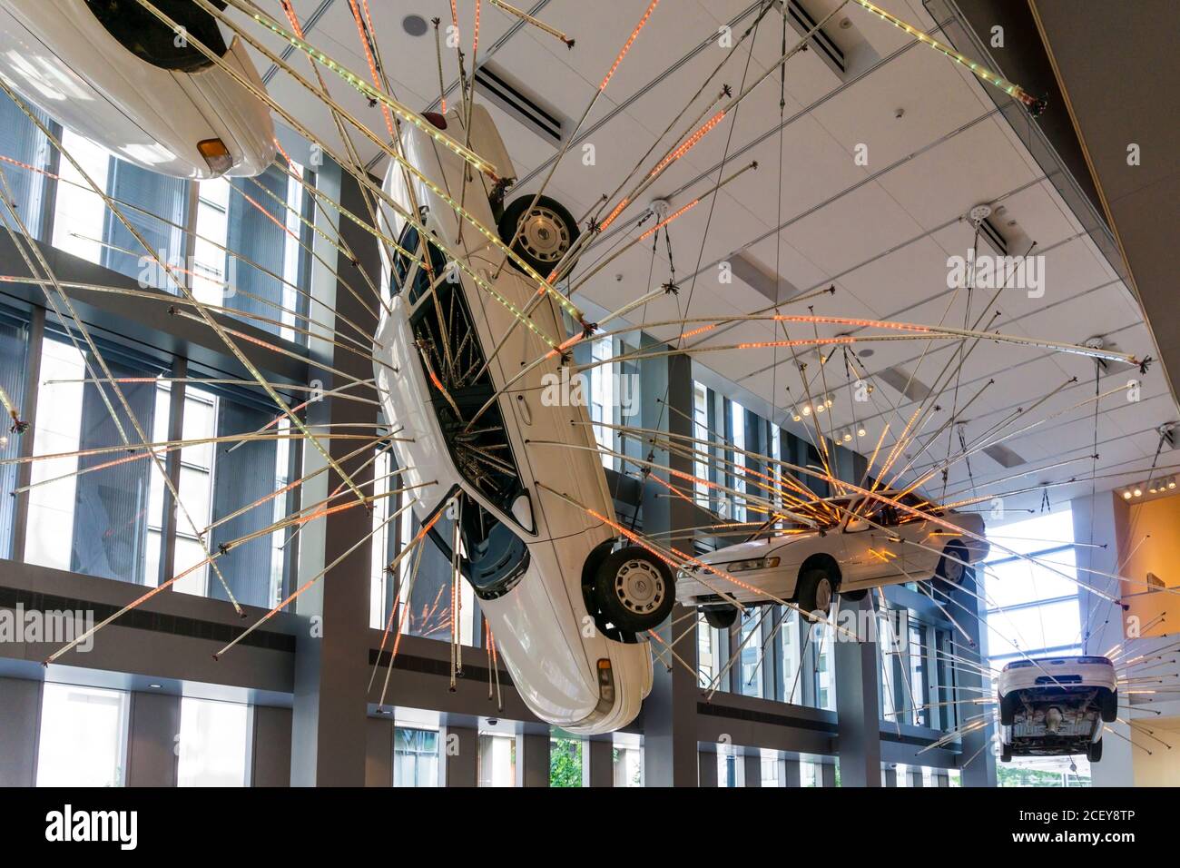 Inopportune: Stage One by Chinese artist Cai Guo-Qiang in the entrance foyer to Seattle Art Museum, SAM. Stock Photo