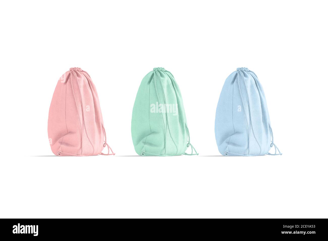 Blank colored drawstring backpack mockup, side view Stock Photo