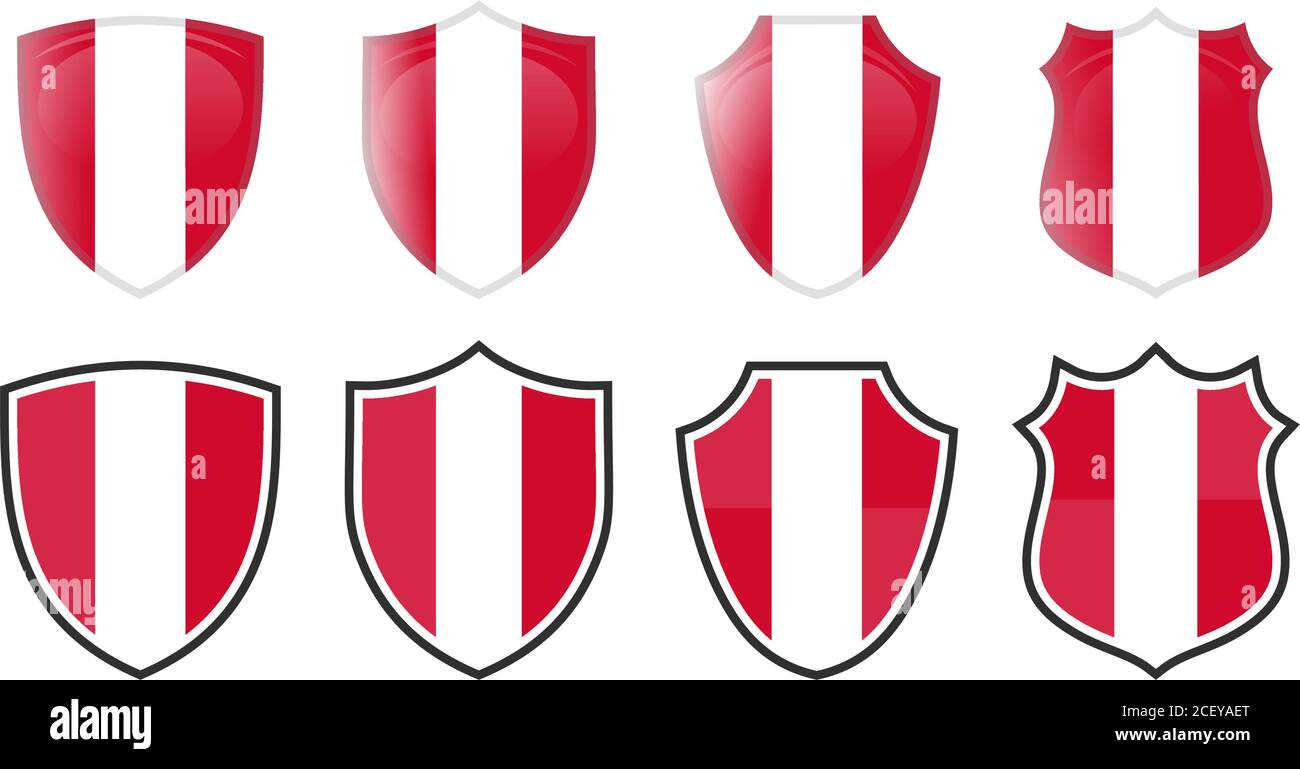Vertical red and white Austria flag in shield shape, four 3d and simple versions. Austrian icon / sign Stock Vector