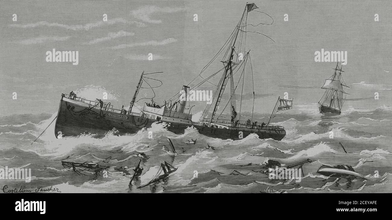 Spain, Basque Country, Guipuzcoan coast, Pasajes. Shipwreck of the 'Jovellanos' steamboat due to the heavy swell that drove it into the rocks. ship was violently pushed by the storm onto the reefs of Punta de la Terma, on November 25, 1881. Illustration by Angel Cortellini. Engraving by Vela. La Ilustracion Española y Americana, 1881. Stock Photo