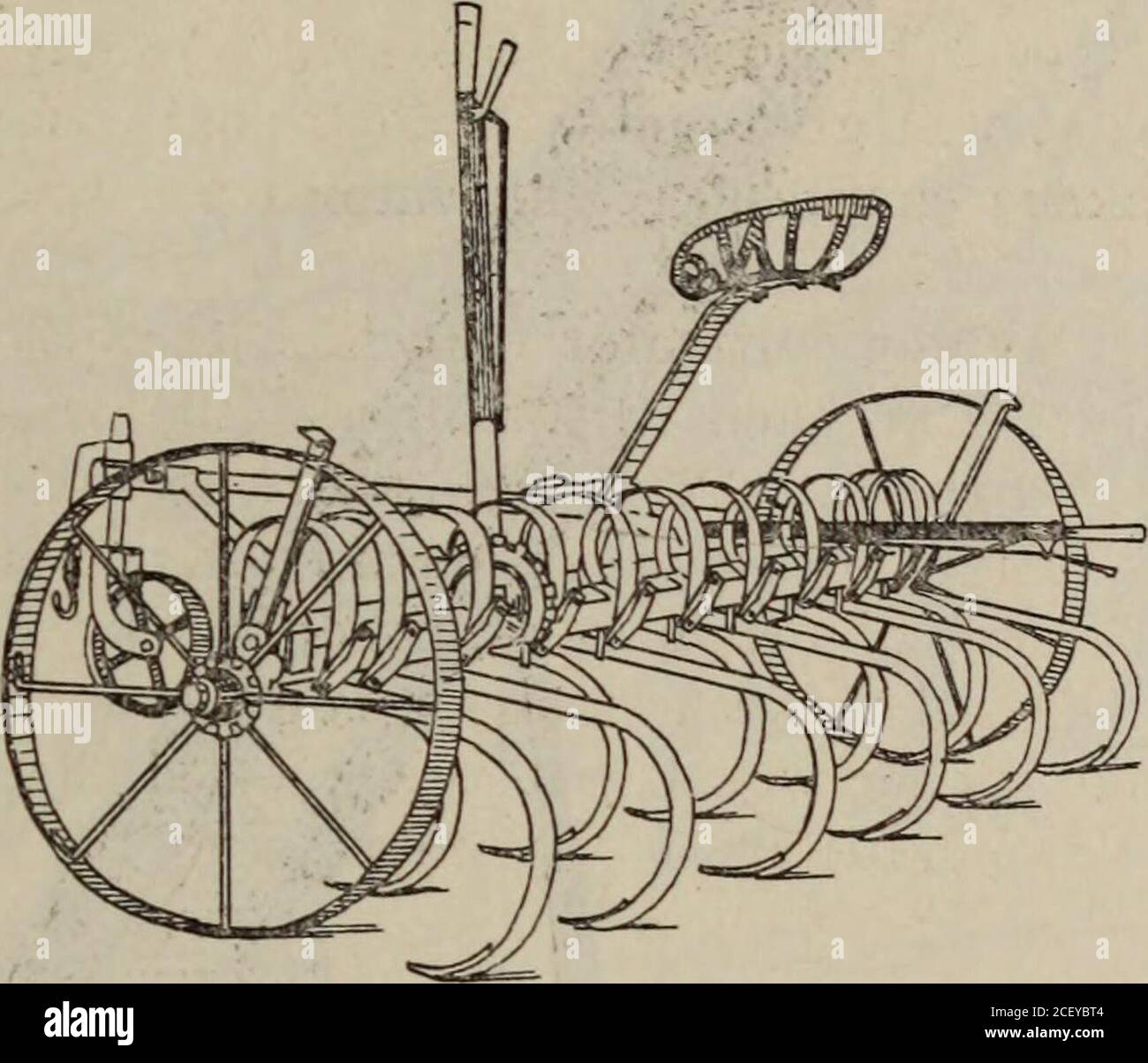 . COMMERCIAL INTELLIGENCE JOURNAL (CANADA) 1917 pt. 1. Solid Tine Cultivator. This patent steel cultivator of English manufacture is fitted with side levers andlong expanding axles to the road wheels so that it can be used as a ridger or scufflerto cover 24-inch to 30-inch ridges. Two lifting levers are provided which can beoperated either from the seat or when walking behind the machine for lifting thetines when turning at the headlands or altering the pitch. By means-of the side levers,which-have ample range to adjust the machine, and the expanding axle, the depth ofthe work can be altered w Stock Photo